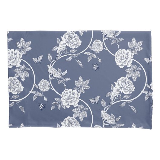 Blaue Chinoiserie Blume und Vögel Kissenbezug (Vorderseite)