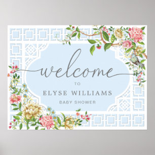 Blaue Chinoiserie-Blumen-Babyparty-Willkommensschi Poster