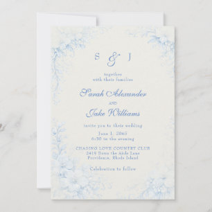 Blaue Chinoiserie Blumen Creme Hochzeit Einladung