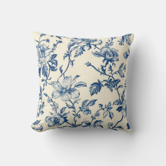 Blaue Chinoiserie-Blumen im Vintage-Botanikstil Kissen