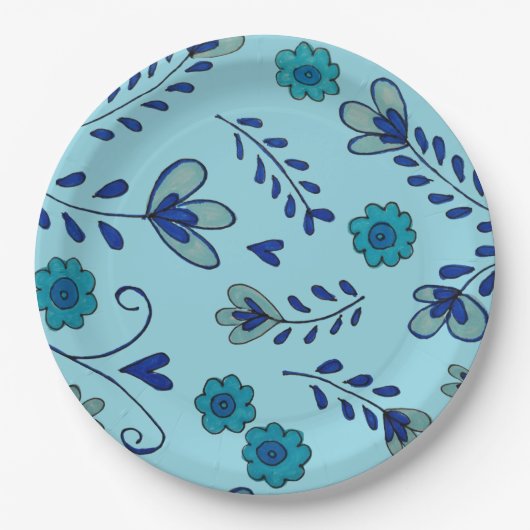 Blaue Chinoiserie-Blumen Pappteller (Vorderseite)