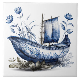 Blaue Chinoiserie-Blumensegelboot Fliese