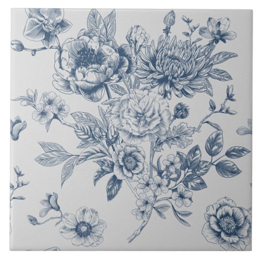 Blaue Chinoiserie Blumenvintage Fliese (Vorderseite)