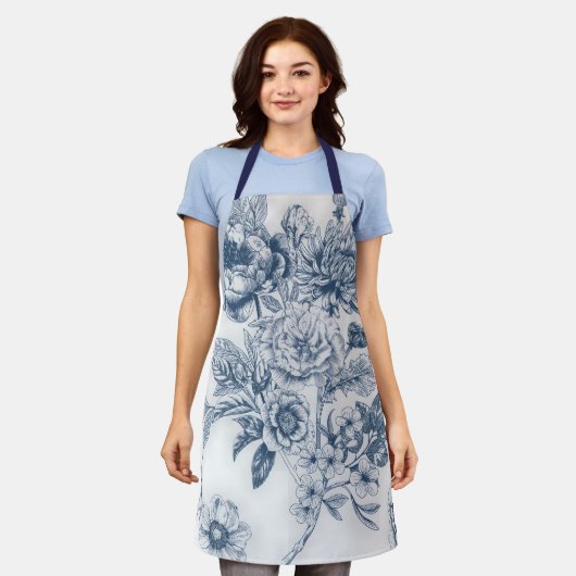 Blaue Chinoiserie Blumenvintage Schürze (Getragen)