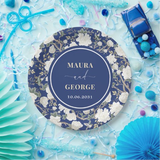 Blaue Chinoiserie Blumenvögel Hochzeit Pappteller (Party)