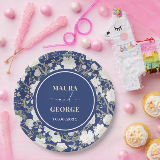 Blaue Chinoiserie Blumenvögel Hochzeit Pappteller (Party)