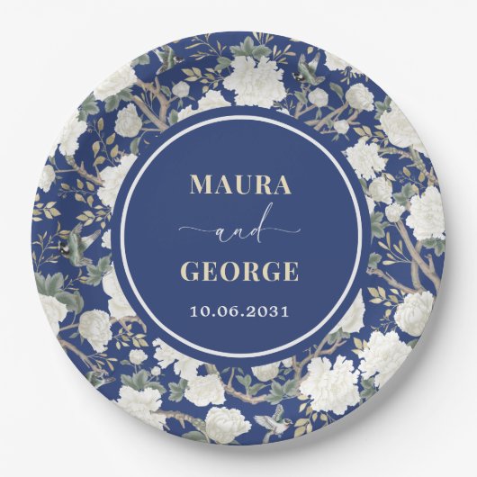Blaue Chinoiserie Blumenvögel Hochzeit Pappteller (Vorderseite)