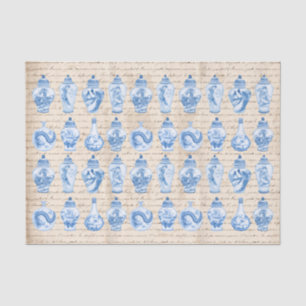 Blaue Chinoiserie-Ginger-Gefäße im Vintage-Stil mi Seidenpapier