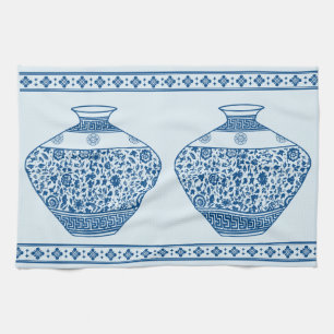 Blaue Chinoiserie-Ginger-Töpfe Vasen im Vintage-St Geschirrtuch