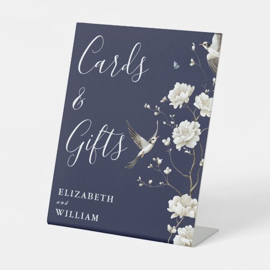 Blaue Chinoiserie Karten und Geschenke Hochzeit Sockelschild (Vorderseite)