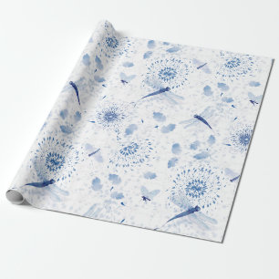 Blaue Chinoiserie Libelle Blumen Geschenkpapier