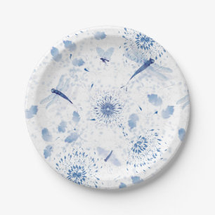 Blaue Chinoiserie Libelle Blumen Pappteller