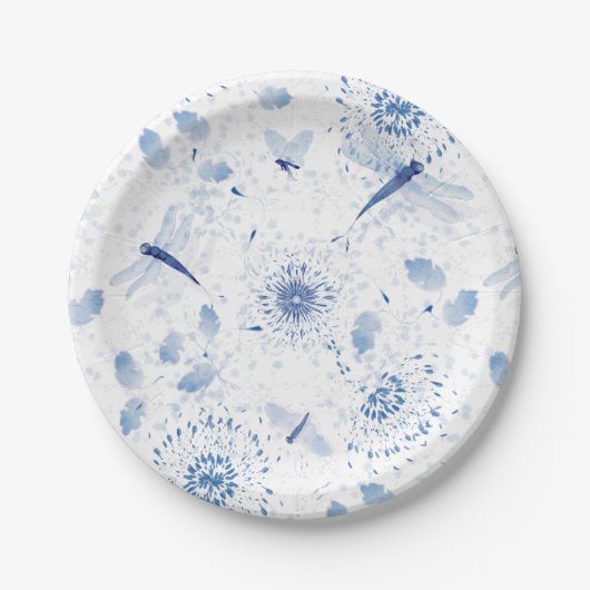 Blaue Chinoiserie Libelle Blumen Pappteller (Vorderseite)