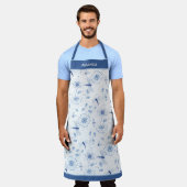 Blaue Chinoiserie Libellen und Blumen Schürze (Getragen)