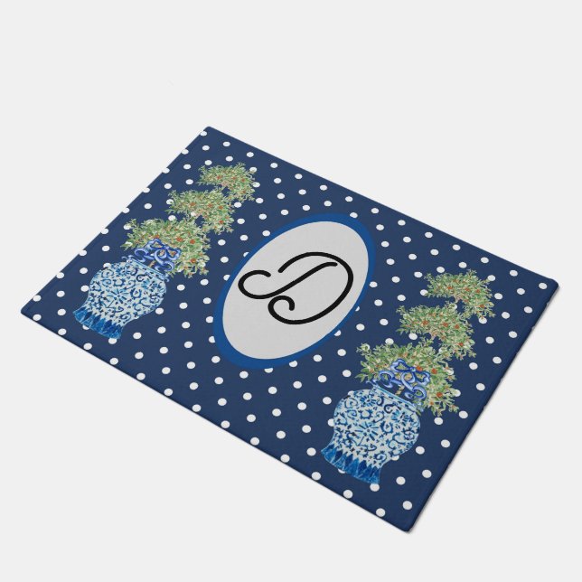Blaue Chinoiserie Orange Topiary Doormat Fußmatte (Schrägansicht)