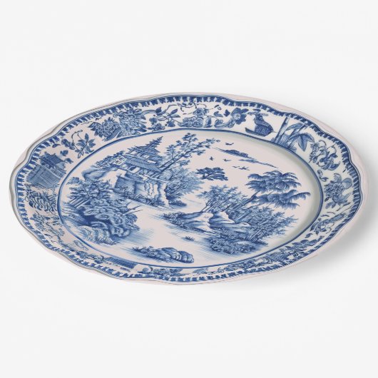 Blaue Chinoiserie Pagoda Pappteller (Schrägansicht)
