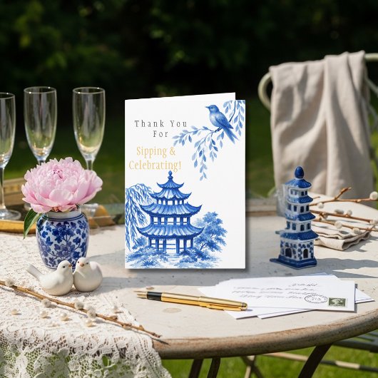 Blaue Chinoiserie-Pagode, floral, Danke