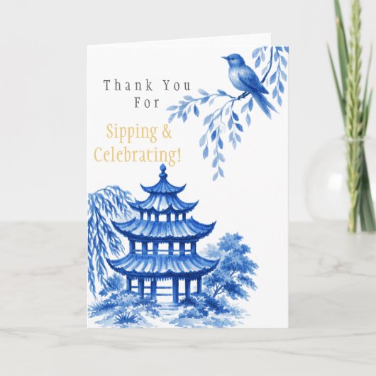 Blaue Chinoiserie-Pagode, floral, Danke (Vorderseite)