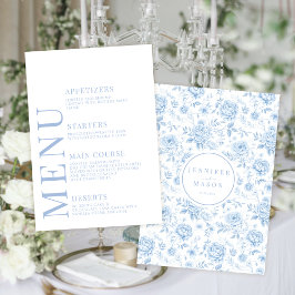 Blaue Chinoiserie Porzellan Hochzeitsmenü Begleitkarte