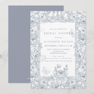 Blaue Chinoiserie-Toile-Blumen-Hochzeitsdusche Einladung