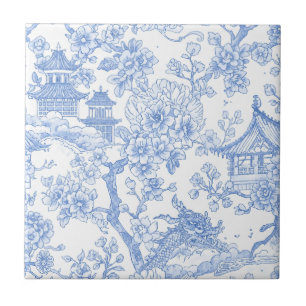 Blaue Chinoiserie-Toile-Drache-Kirschblüte Fliese
