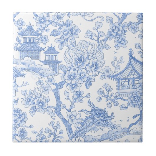 Blaue Chinoiserie-Toile-Drache-Kirschblüte Fliese (Vorderseite)