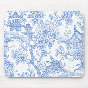 Blaue Chinoiserie-Toile-Drache-Kirschblüte Mousepad
