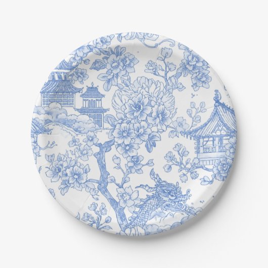 Blaue Chinoiserie-Toile-Drache Kirschblüte Pappteller (Vorderseite)