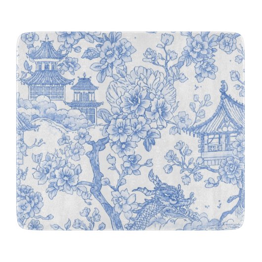 Blaue Chinoiserie-Toile-Drache-Kirschblüte Schneidebrett (Vorderseite)