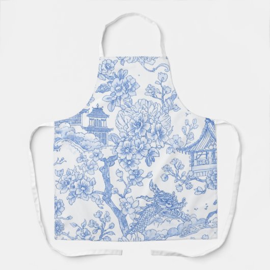 Blaue Chinoiserie-Toile-Drache-Kirschblüte Schürze (Vorderseite)