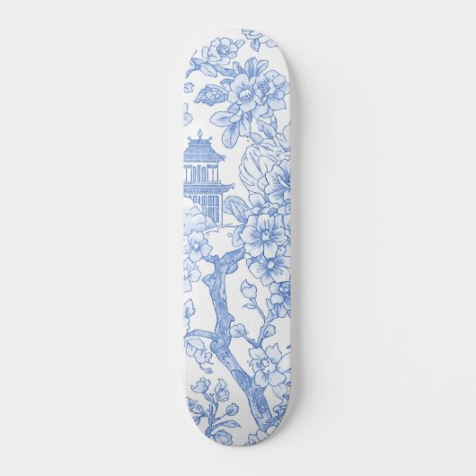Blaue Chinoiserie-Toile-Drache-Kirschblüte Skateboard (Vorderseite)