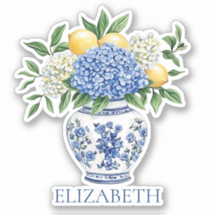 Blaue Chinoiserie Vase mit Hydrangeas Aufkleber