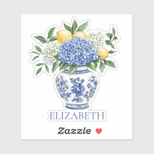 Blaue Chinoiserie Vase mit Hydrangeas Aufkleber (Blatt)