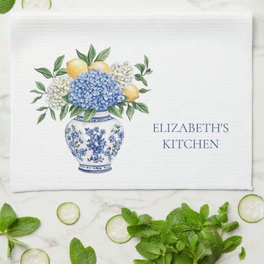 Blaue Chinoiserie Vase mit Hydrangeas Geschirrtuch (Gefaltet)