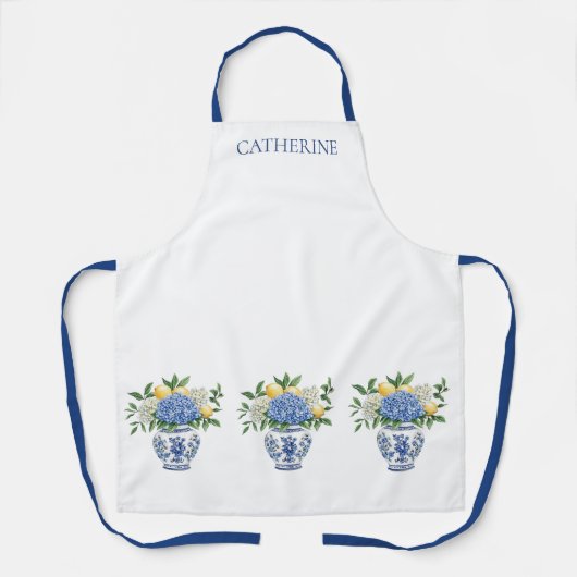 Blaue Chinoiserie Vase mit Hydrangeas Schürze (Vorderseite)