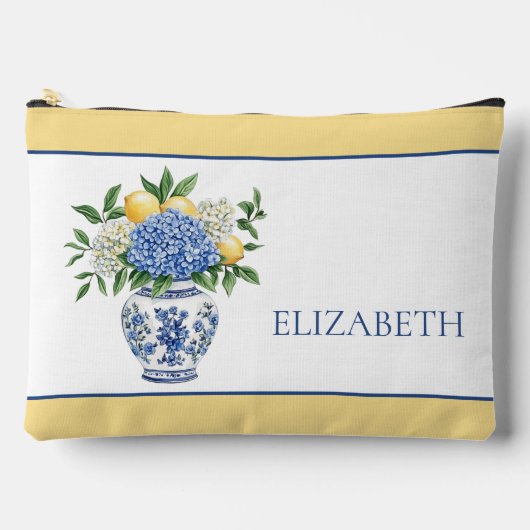 Blaue Chinoiserie Vase mit Hydrangeas Zubehörtasche (Vorderseite)