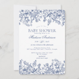 Blaue Chinoiserie Vintage Florale Babyparty Einladung