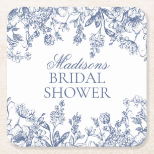 Blaue Chinoiserie Vintage Florale Hochzeitsdusche Rechteckiger Pappuntersetzer