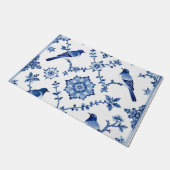 Blaue Chinoiserie-Vogel-Blumenmuster Fußmatte (Schrägansicht)
