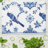 Blaue Chinoiserie-Vogel-Blumenmuster Geschirrtuch (Gefaltet)