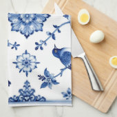Blaue Chinoiserie-Vogel-Blumenmuster Geschirrtuch (Viertel Falte)