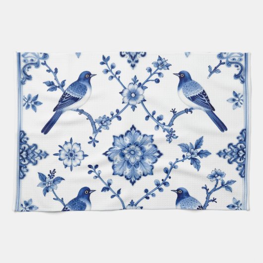 Blaue Chinoiserie-Vogel-Blumenmuster Geschirrtuch (Horizontal)