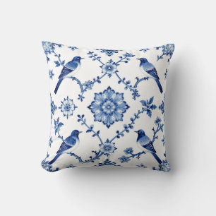 Blaue Chinoiserie-Vogel-Blumenmuster Kissen