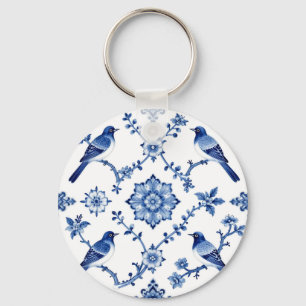 Blaue Chinoiserie-Vogel-Blumenmuster Schlüsselanhänger