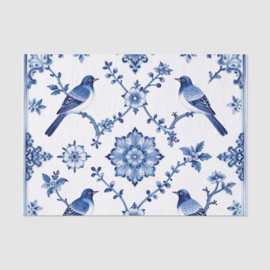 Blaue Chinoiserie-Vogel-Blumenmuster Seidenpapier (Vorderseite)