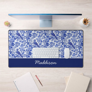 Blaue Chinoiserie-Vogel-Monogramm-Blume Schreibtischunterlage