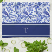 Blaue Chinoiserie-Vogel-Monogramm-Blumen Geschirrtuch (Gefaltet)
