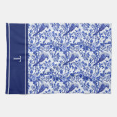 Blaue Chinoiserie-Vogel-Monogramm-Blumen Geschirrtuch (Horizontal)