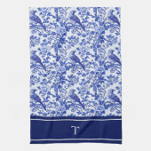 Blaue Chinoiserie-Vogel-Monogramm-Blumen Geschirrtuch (Vertikal)
