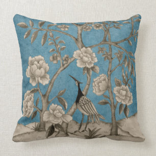 Blaue Chinoiserie Vogel und Blauer Himmel Kissen